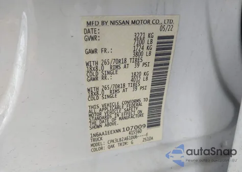 2022 Nissan Titan Sv 4X2 z USA, uszkodzony, nr VIN 1N6AA1EEXNN107009